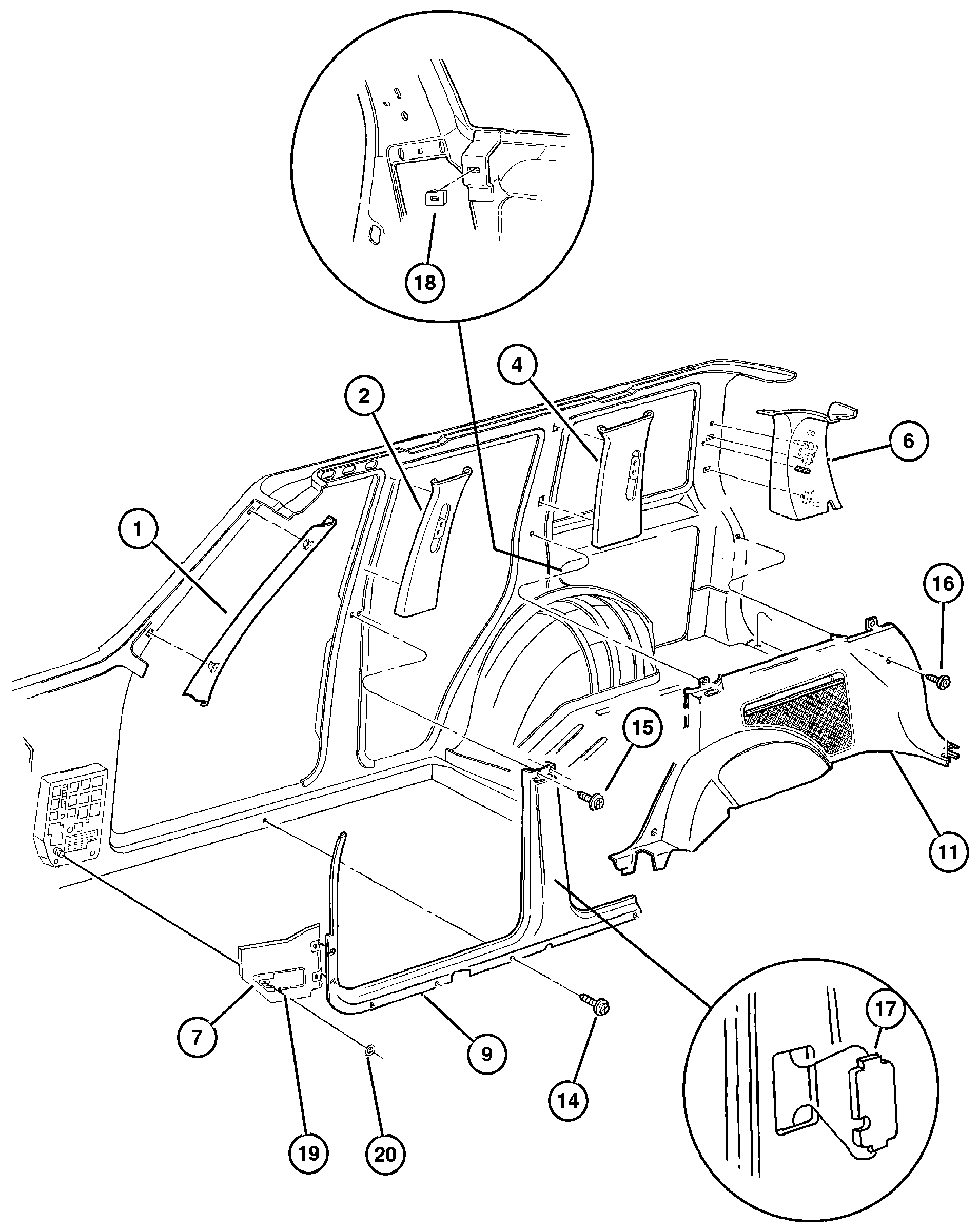 Exploded view: Interior Trim Panels and Garnish Mouldings