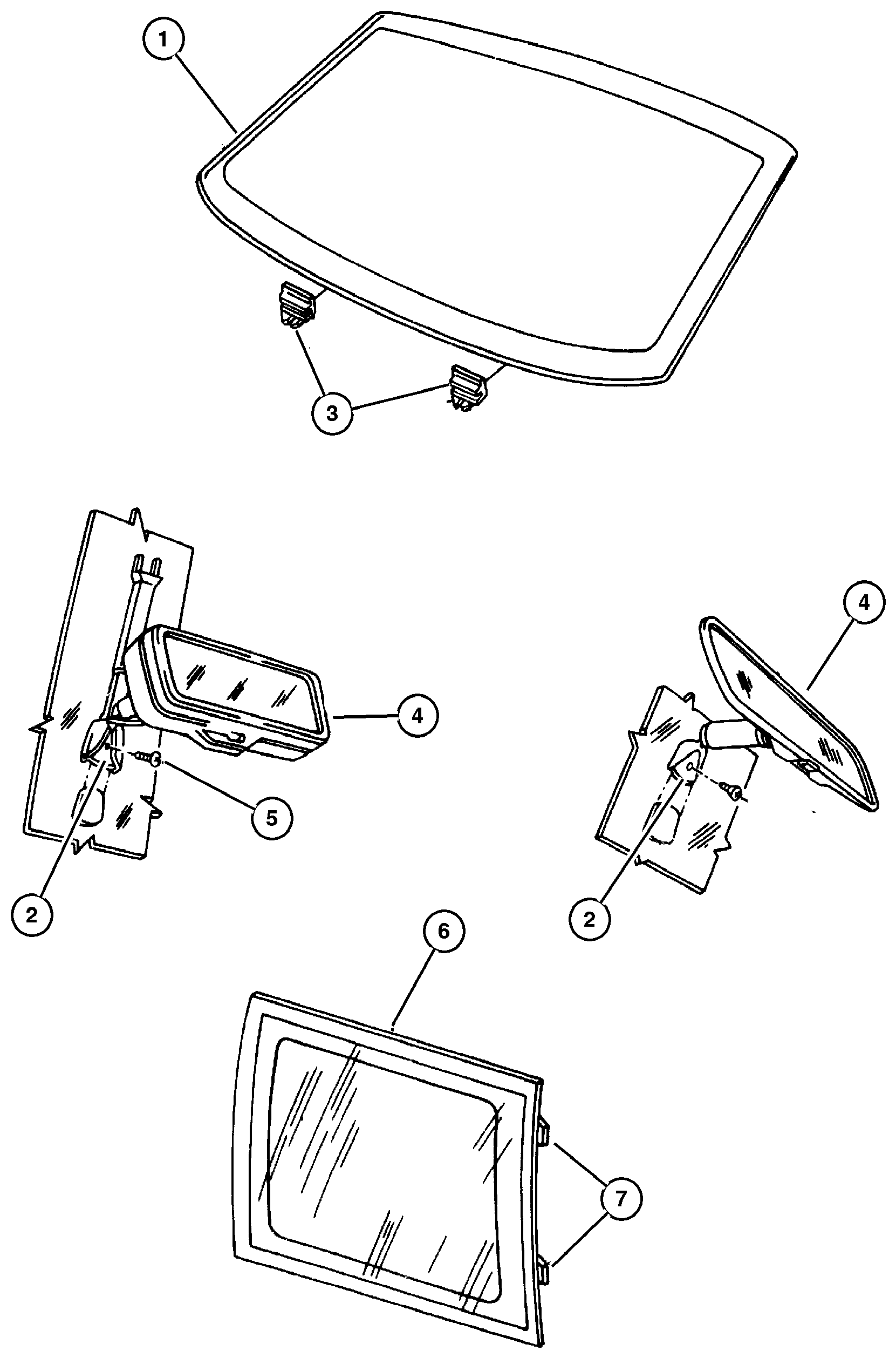 Exploded view: Glass Windshield, Quarter and Rear View Mirror