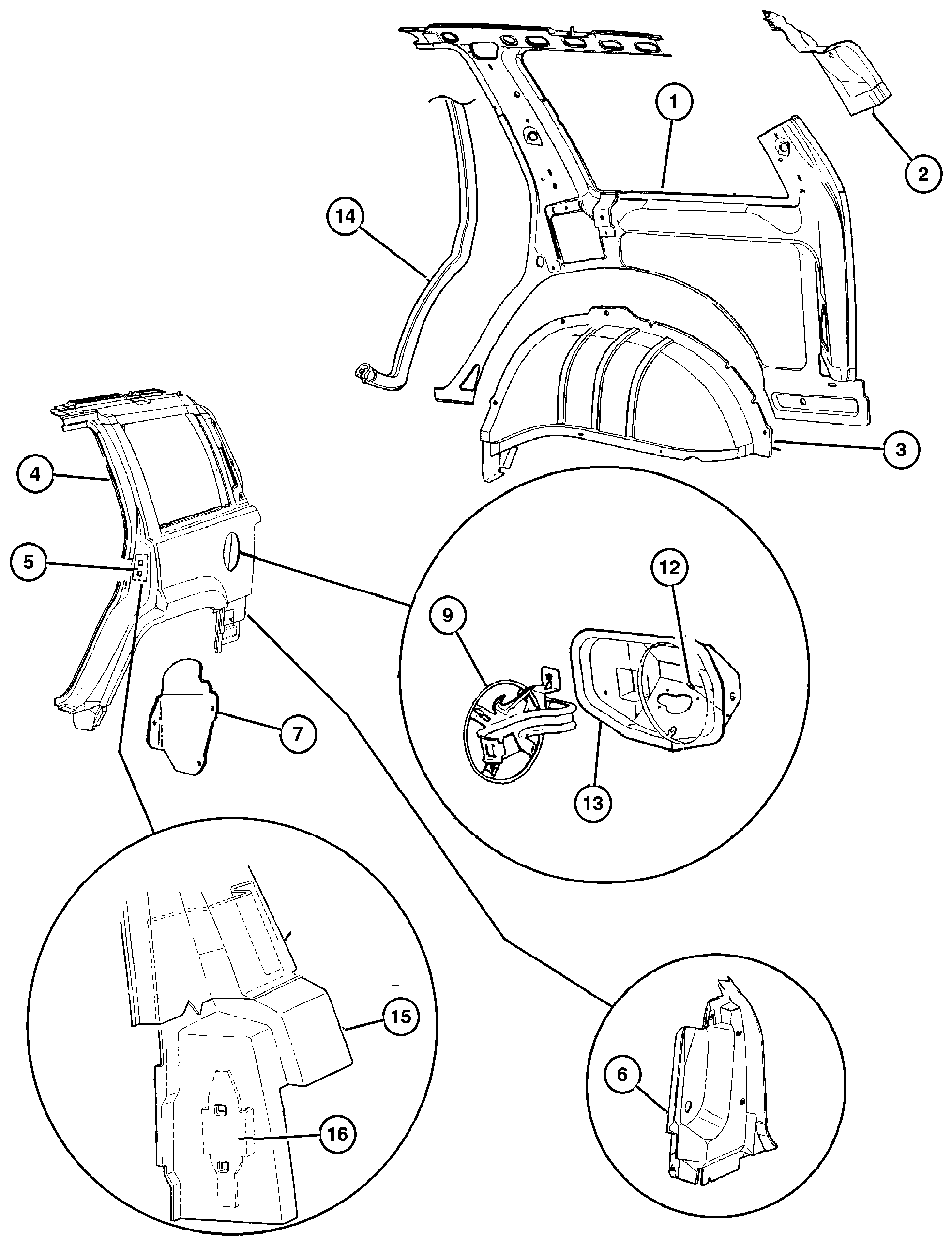 Exploded view: Panels, Rear Quarter